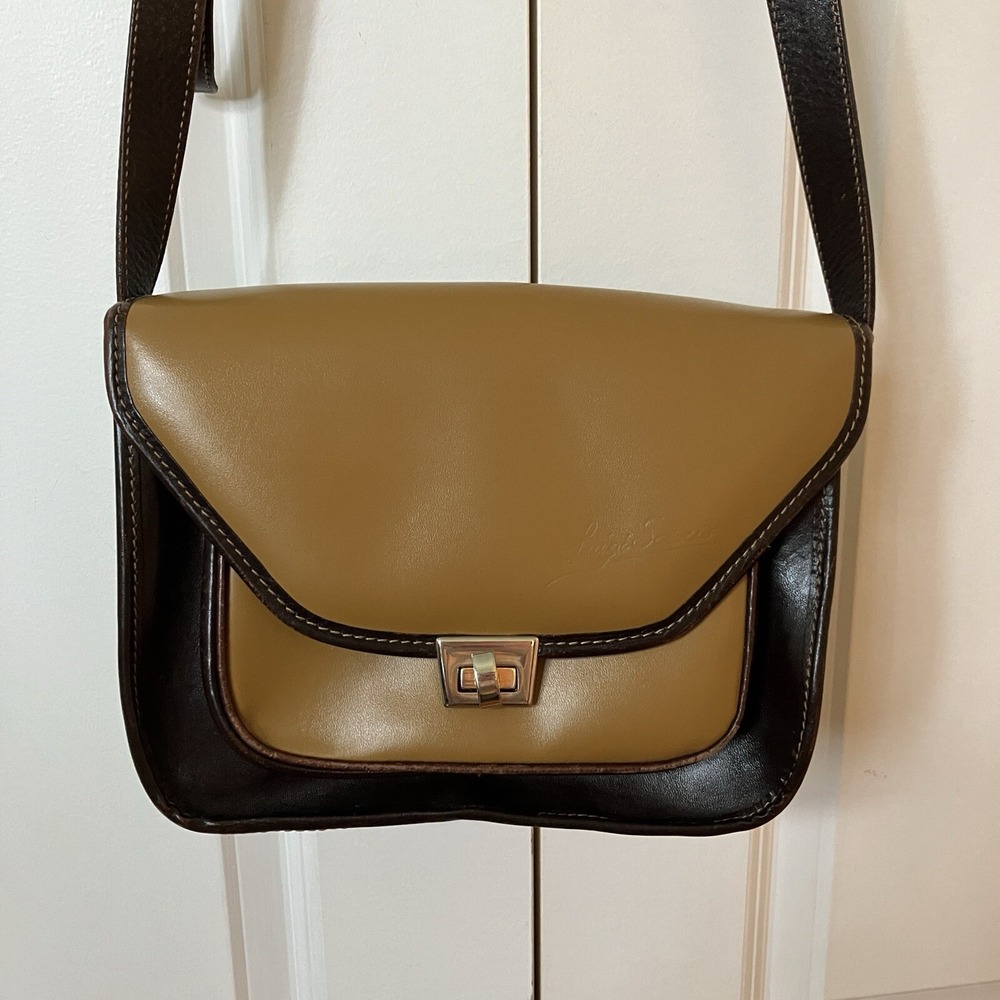 Luigi Sani Leather Crossbody Bag Tan Brown Italian Accordion Turn Lock Flap